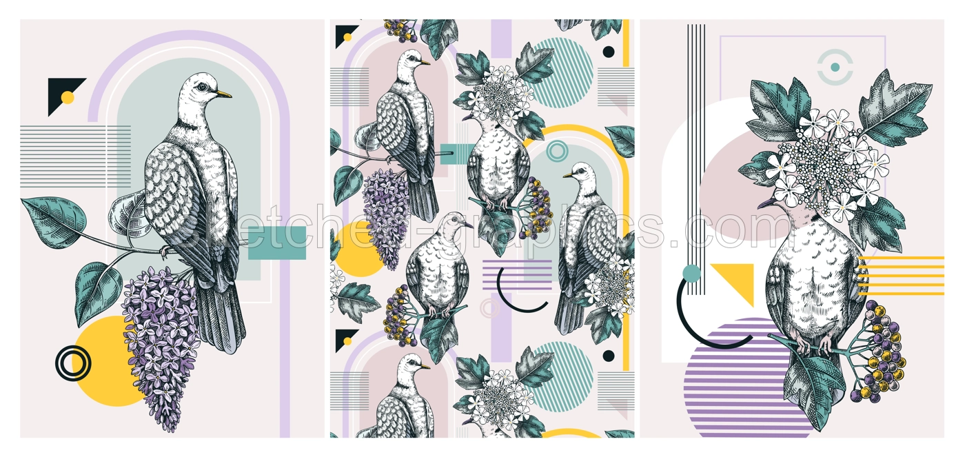 Valentine's day cards set. Collage style doves background. Hand-drawn vector illustration. Beautiful bird, blooming branch, spring flower sketches. Trendy style love poster, print, wall art Illustration